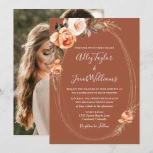 Elegant Terracotta Photo Boho Floral Wedding Invitation