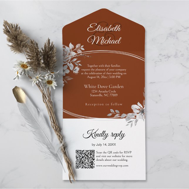 Elegant Terracotta QR Code Monogram Wedding RSVP All In One Invitation (All-in-one wedding invitation with QR code to RSVP - Simplify and save time for you and your guests.)