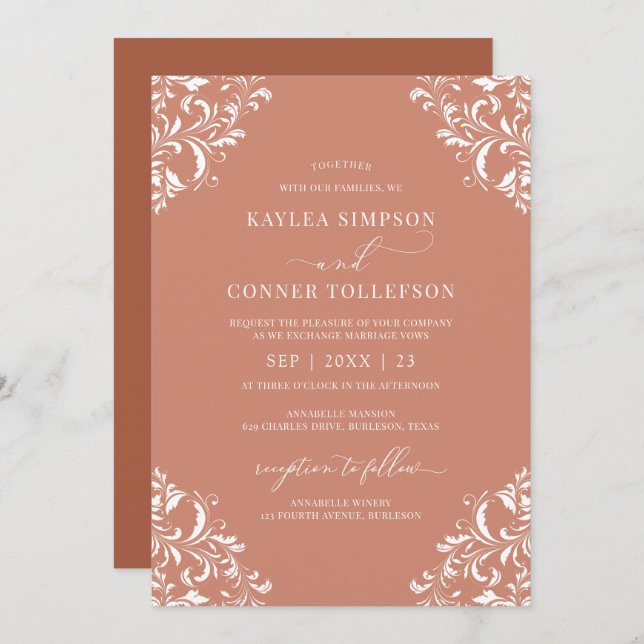 Elegant Terracotta Rust Wedding Vintage Ornate Invitation (Front/Back)