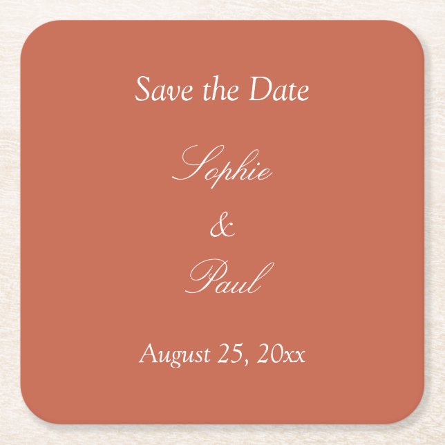 Elegant Terracotta Save the Date Square Paper Coaster (Front)