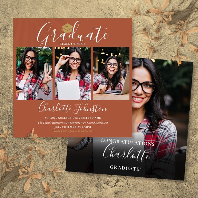 Elegant Terracotta Script 4 Photo Graduation Party Invitation (Elegant Terracotta Script 4 Photo Graduation Party Invitation)