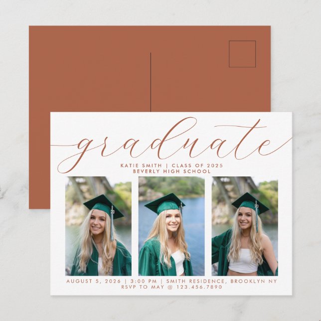 Elegant Terracotta Script Graduation 3 Photo Invitation Postcard (Front/Back)
