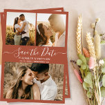 Elegant Terracotta Script Photo Collage Wedding Save The Date<br><div class="desc">Elegant modern minimal earthy terracotta calligraphy script 3 photo collage wedding save the date announcement card. Chic minimalist design template feature three (3) couple photo collage and elegant cursive hand lettering typography (or calligraphy) script „Save the Date” text in white on earth tone, terracotta, rust burnt orange colour background. If...</div>