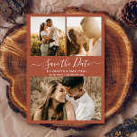 Elegant Terracotta Script Photo Collage Wedding Save The Date<br><div class="desc">Modern boho earthy terracotta calligraphy script 3 photo collage wedding save the date announcement card. Chic minimalist design template feature three (3) couple photo collage and elegant cursive hand lettering typography script „Save the Date” text on terracotta earthy tone, rust burnt orange colour background. If you need help or matching...</div>