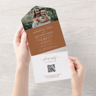 Elegant Terracotta Script Photo Wedding QR Code All In One Invitation