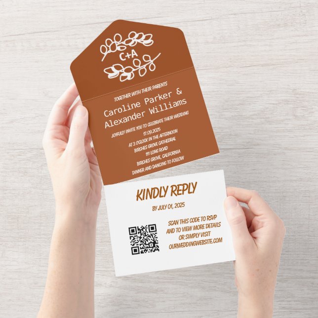 Elegant Terracotta Script RSVP Photo QR Code  All In One Invitation (Tearaway)
