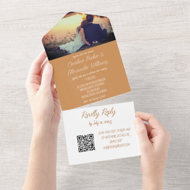 Elegant Terracotta Script RSVP Photo QR Code All In One Invitation (Tearaway)