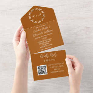 Elegant Terracotta Script RSVP Whimsical QR Code All In One Invitation