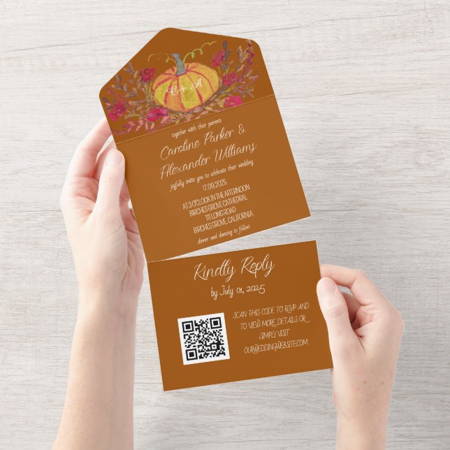 Elegant Terracotta Script RSVP Whimsical QR Code All In One Invitation (Tearaway)