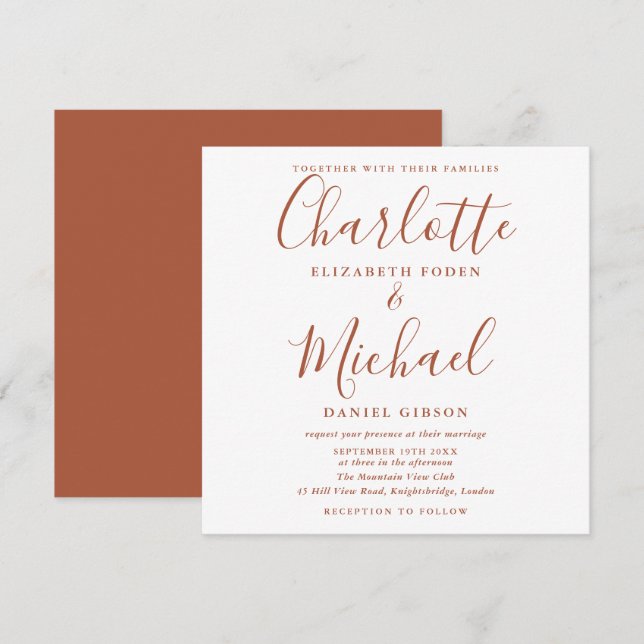 Elegant Terracotta Script Wedding Square Invitation (Front/Back)