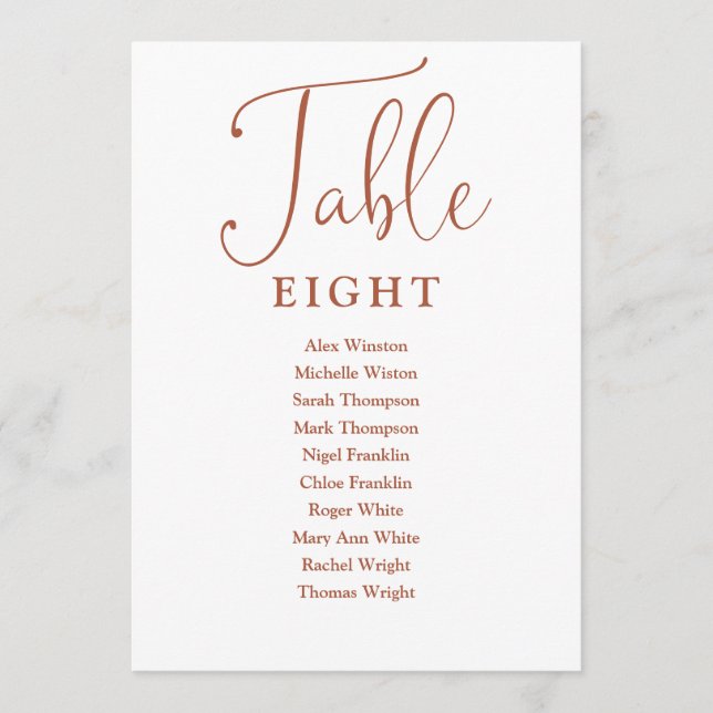 Elegant Terracotta Seating Chart Table Number (Front)