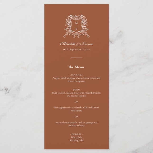 Elegant Terracotta Vintage Crest Thank You Wedding Menu (Front)