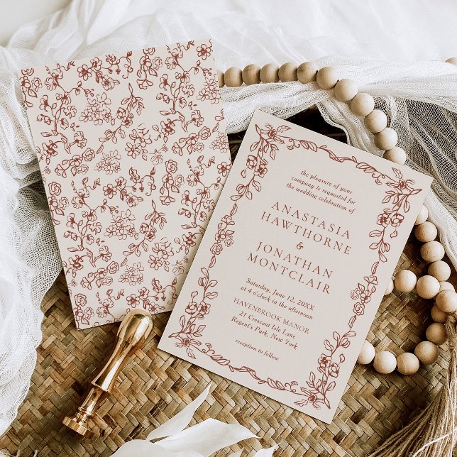Elegant Terracotta Vintage Floral Wedding Invitation (Creator Uploaded)