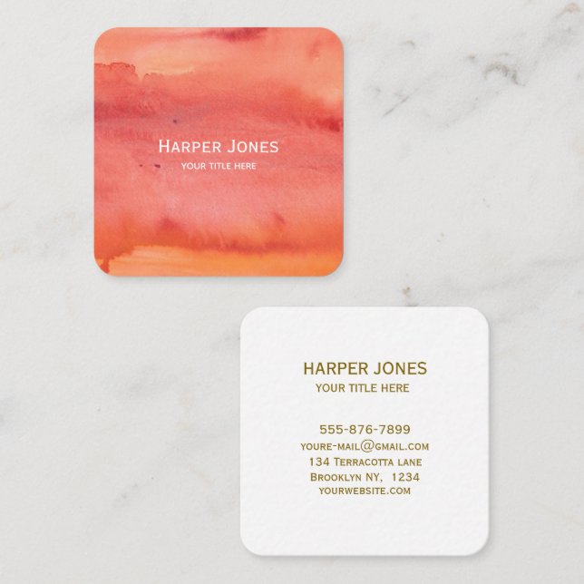 Elegant Terracotta Watercolor Fall Boho  Square Business Card (Front/Back)