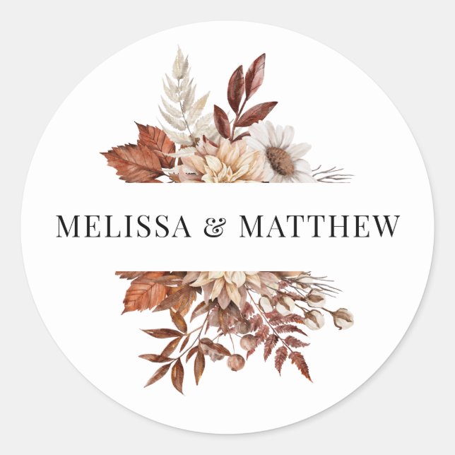 Elegant Terracotta Watercolor Floral Wedding Classic Round Sticker (Front)