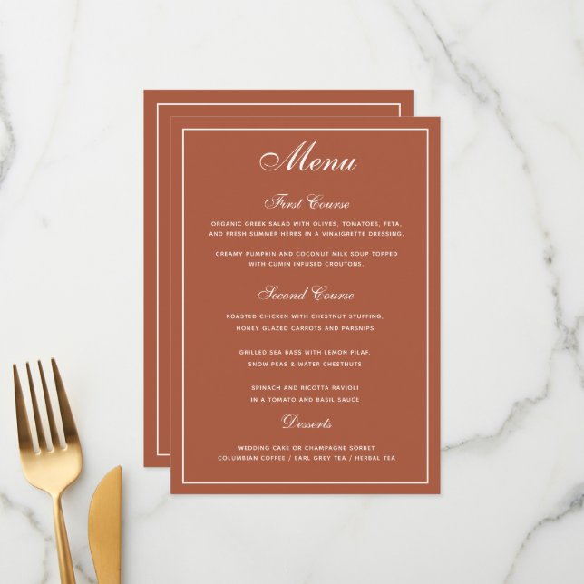 Elegant Terracotta White Script Wedding Menu (Front/Back In Situ)