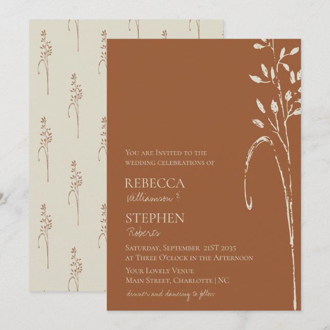 Elegant Terracotta & Wild Grass Earth Tone Wedding Invitation (Front/Back)