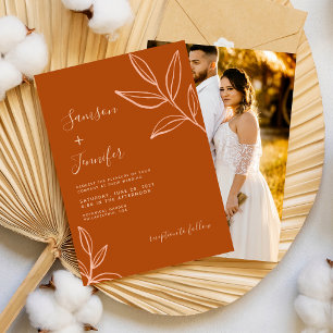 Elegant Terracotta with Leaves Boho Wedding Photo Invitation