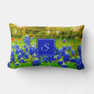 Elegant Texas Bluebonnets Blue Floral Monogram Lumbar Pillow