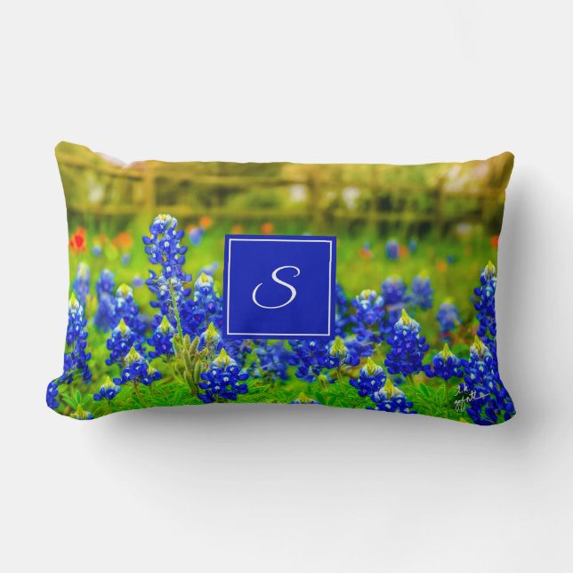 Elegant Texas Bluebonnets Blue Floral Monogram Lumbar Pillow (Front)