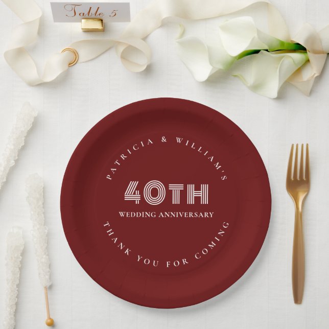 Elegant Text Burgundy 40th Wedding Anniversary  Paper Plate (Wedding)