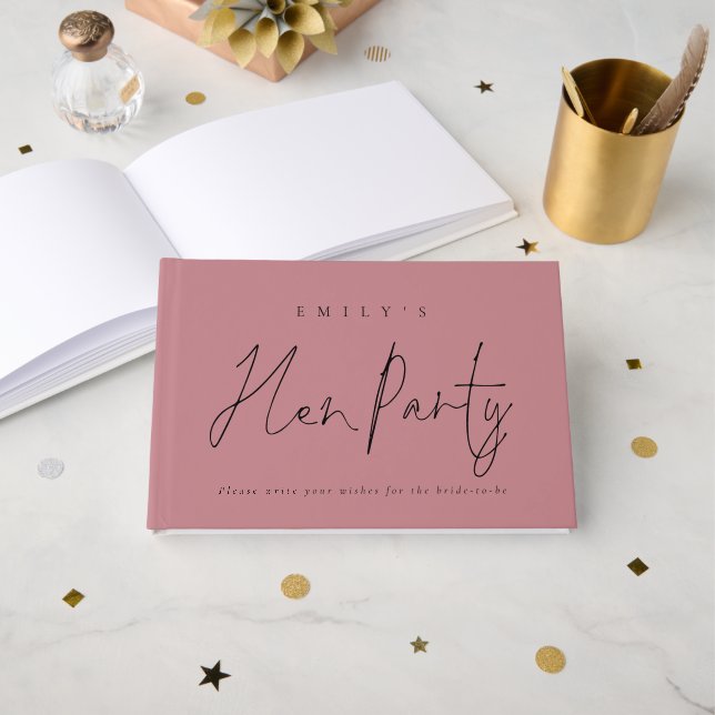 Elegant Text Hen Party Dusty Rose Guest Book (Front Open)