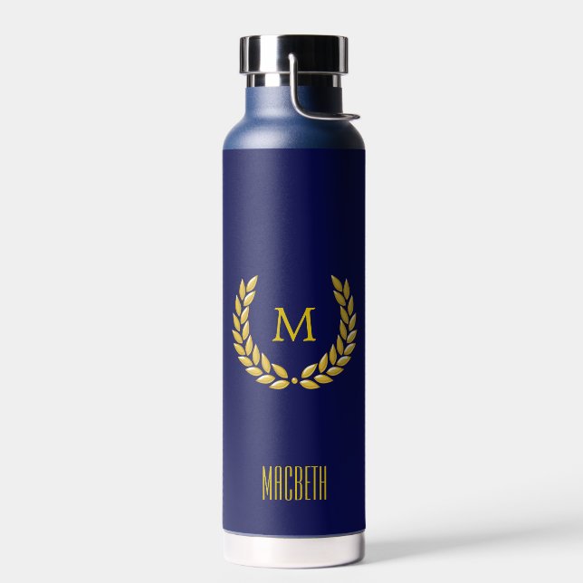 Elegant Text, Monogram and Gold Laurel Wreath  Water Bottle (Left)