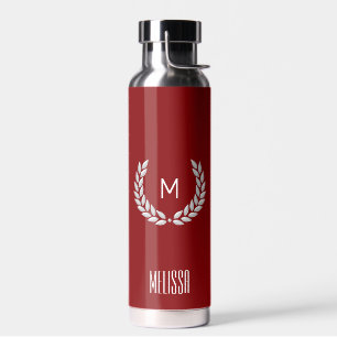 Elegant Text, Monogram and Silver Laurel Wreath Water Bottle