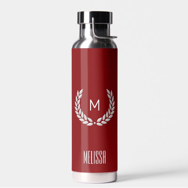 Elegant Text, Monogram and Silver Laurel Wreath Water Bottle (Left)