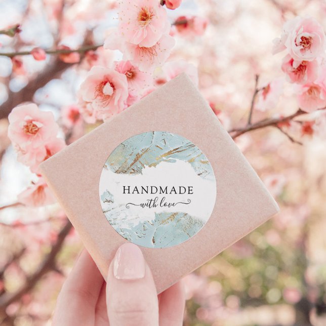 Elegant Textured Blue Gold Handmade With Love Classic Round Sticker (Creator Uploaded)