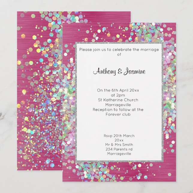 ELEGANT TEXTURED PINK HOLOGRAPHIC PASTEL WEDDING  INVITATION (Front/Back)