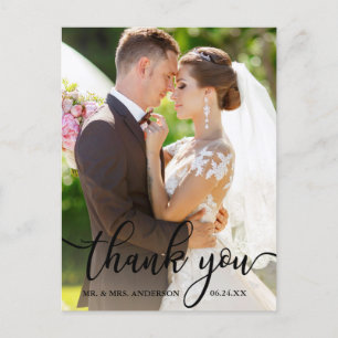 Elegant Thank You Black Script Wedding Photo Postcard