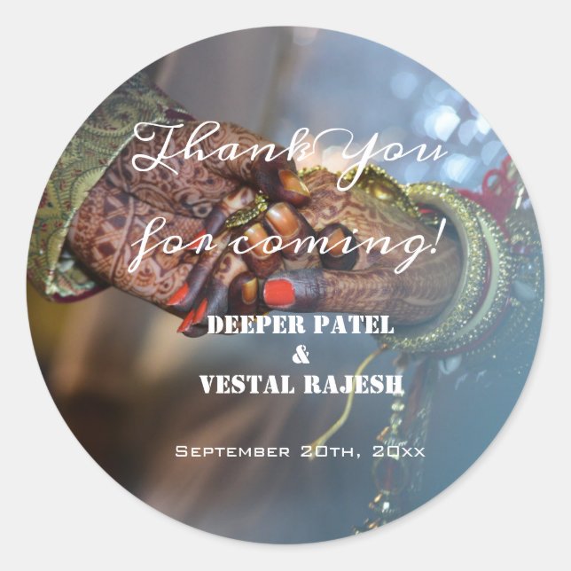 Elegant Thank You Calligraphy Henna Indian Wedding Classic Round Sticker (Front)
