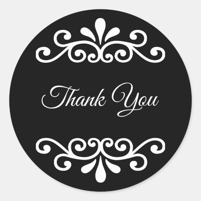 Elegant Thank You Calligraphy in Black and White Classic Round Sticker (Front)