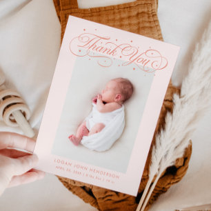 Elegant Thank You Calligraphy Peach Birth Announcement