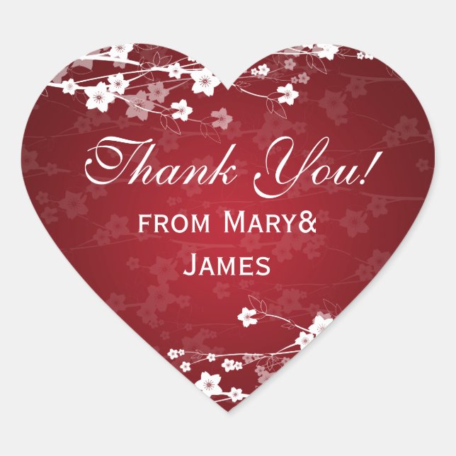 Elegant  Thank you Cherry Blossom Red Heart Sticker (Front)