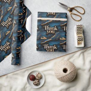 Elegant Thank You Design with Blue and Gold Wrapping Paper