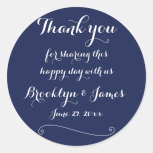 Elegant Thank You Navy Blue Round Wedding Stickers