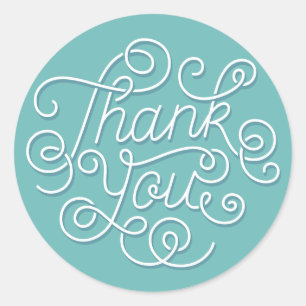 Elegant thank you ornate script font teal white classic round sticker