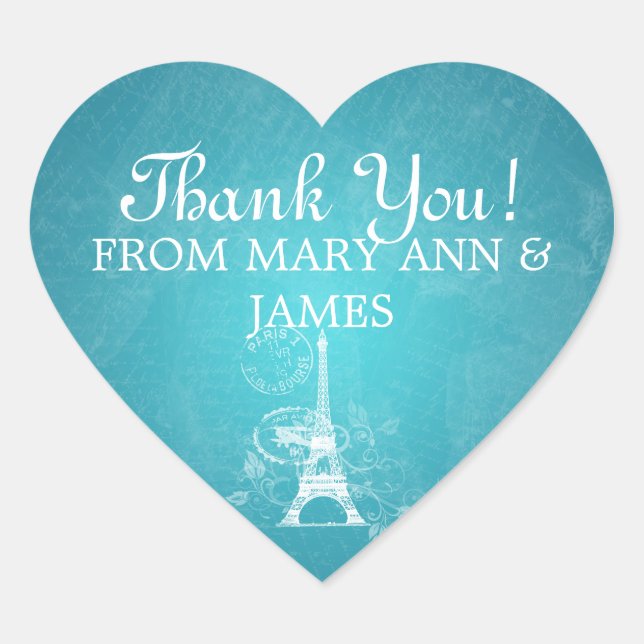 Elegant  Thank you Romantic Paris Blue Heart Sticker (Front)