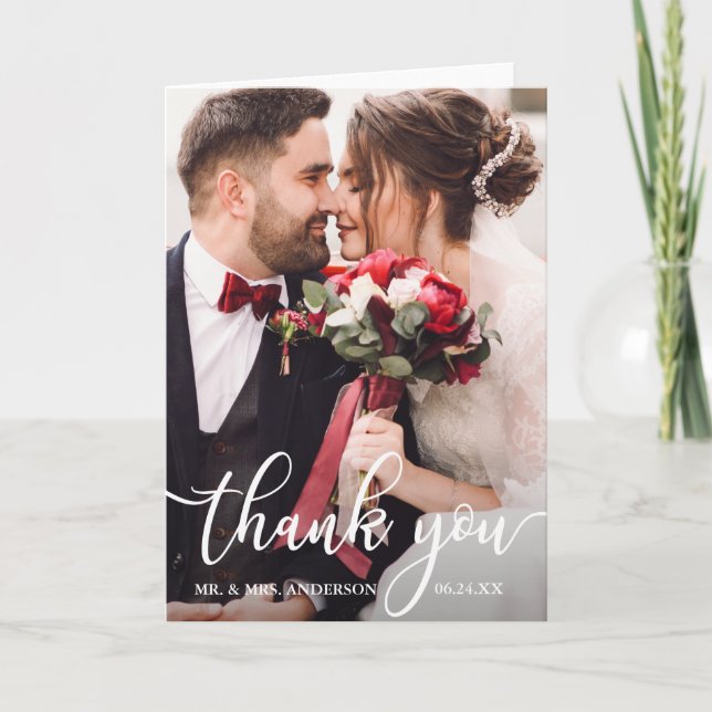 Elegant Thank You Script Wedding Photo Fold Card (Front)