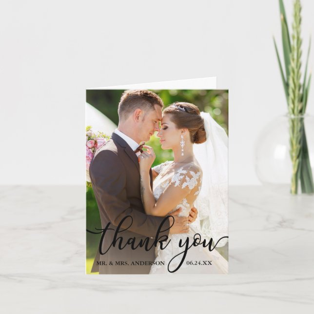 Elegant Thank You Script Wedding Photo Note Card B (Front)