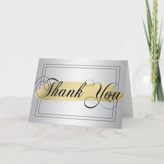 Elegant THANK YOU Silver Gold Brush Stroke Blank Card (Front)