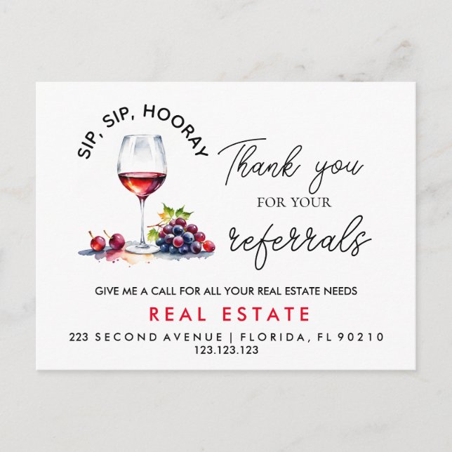 elegant thank you sip sip hooray referrals  announcement postcard (Front)