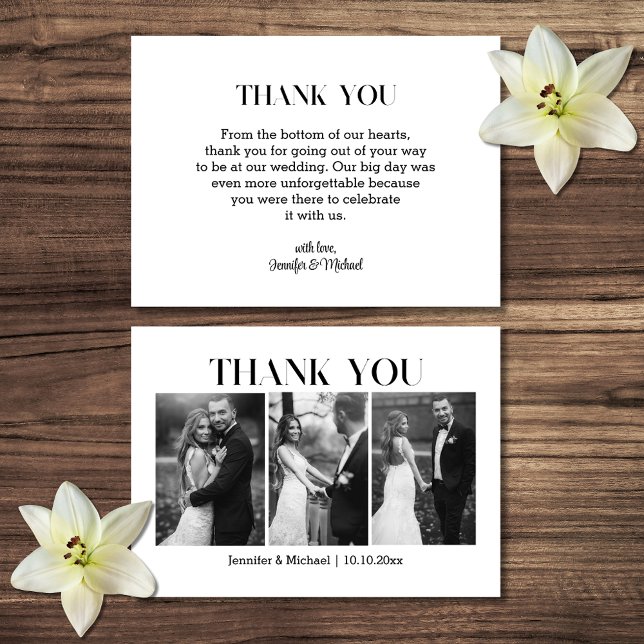 elegant thank you wedding black and white 3 photos card (Creator Uploaded)