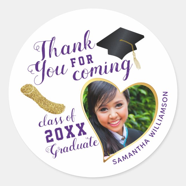 Elegant Thank You White Purple 2025 Graduation Classic Round Sticker (Front)