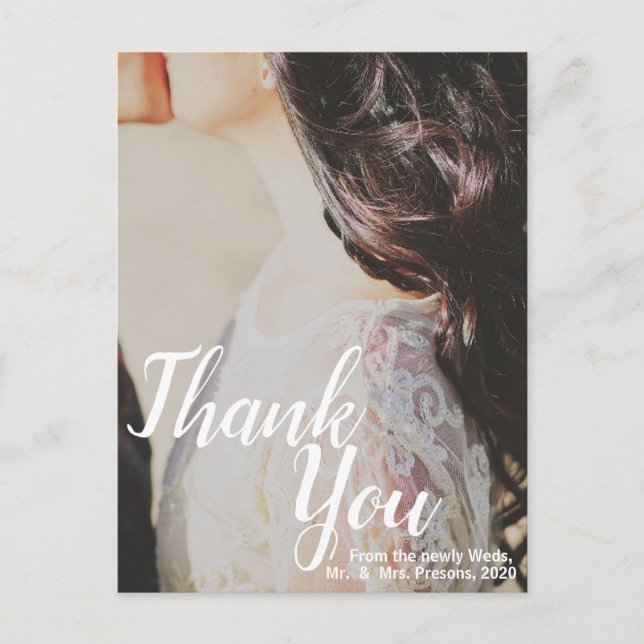 Elegant Thank You White Script Photo Wedding Postc Postcard (Front)