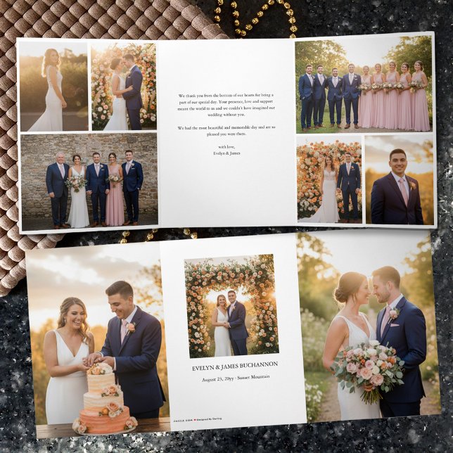 Elegant Thank You with 9 Wedding Photos Tri-Fold Card (9 pic thank you card / keepsake album from Wedding Photo Thank You Cards Collection by Darling & May)
