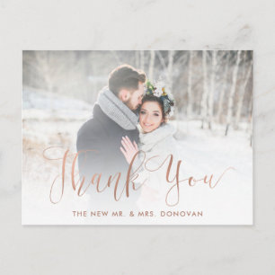 Elegant Thanks   Faux Rose Gold with Wedding Photo Postcard