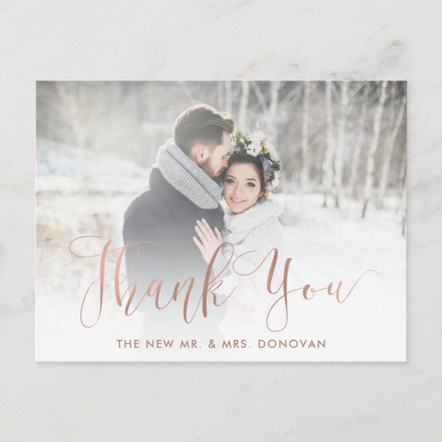 Elegant Thanks | Faux Rose Gold with Wedding Photo Postcard (Front)